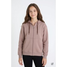 Cansın Mini Kahverengi Kız Çocuk Fermuarlı Kapüşonlu Basic Hırka Şardonlu 24672