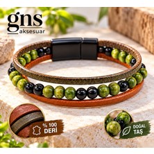 Gns Aksesuar Kahverengi ve Yeşil Renk %100 Deri 3 Lü Kombin Erkek Bileklik Set 21 cm (Türk El Üretimi)