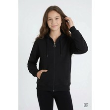 Cansın Mini Siyah Kız Çocuk Fermuarlı Kapüşonlu Basic Hırka Şardonlu 24670