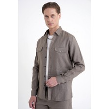 Efor Comfort Fit Yan Cepli %100 Keten Haki Gömlek Ceket G 1602