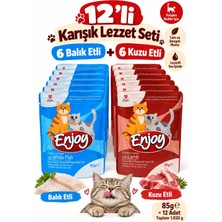 Enjoy 12’li Karışık Kedi Yaş Mama Seti – 6 Balık Etli + 6 Kuzu Etli, Sos Içinde 12X85 G