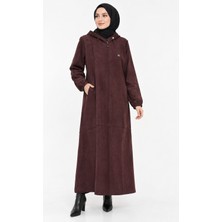 Sudenur Kadın Büyük Beden Süet Kumaş Astarsız Kapüşonlu Tam Boy Mevsimlik Pardesü/ferace