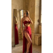 Ince Askılı Çift Yırtmaçlı Kuşgözü Ip Detaylı Sexy Uzun Elbise