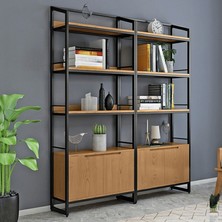 KC-0235 5 Raflı Ahşap Kapılı Metal Merdiven Tipi Kitaplık
