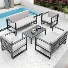 KC-0113 5 Parça Beyaz Tekstil Veranda Oturma Grubu, Metal Iskeletli