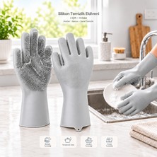 Tilbe Home 2 Çift Sihirli Silikon Bulaşık Yıkama Temizlik Eldiveni Tırtıklı Fırçalı Avuç Içi Esnek Kaymaz ve Dayanıklı Mutfak, Banyo, Lavabo, Ev ve Araç Temizliği Için Çok Amaçlı Gri Renk Eldiven Seti