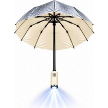 Upeka Premium Otomatik 10 Telli LED Fenerli Uv Koruma Çift Katmanlı Su Geçirmez Deri Kılıflı Şemsiye