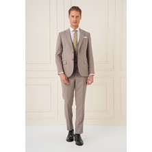 Efor Slim Fit Çift Yırtmaç Kırçıllı Dokuma Vizon Yelekli Takım Elbise TK 902