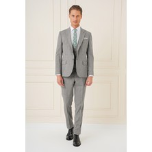 Efor Slim Fit Çift Yırtmaç Kırçıllı Dokuma Haki Yelekli Takım Elbise TK 902