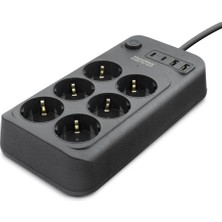 Aslanoğlu Store Topraklı Termal Akım Korumalı Uzatma Kablosu Anahtarlı 6 Priz 2 USB 2 Type-C 2 M Siyah SH4630