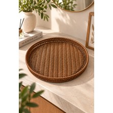 Nokka 40 cm Yuvarlak Hasır Tepsi – Dekoratif Rattan Görünümlü Sunum ve Servis Tepsisi – Kahve Kahvaltı Tepsisi