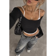 Linichandco Y2K Kayık Yaka Iki Kat Görünümlü Uzun Kollu Crop Bluz – Siyah Beyaz