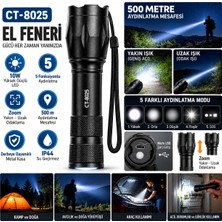 Cata CT-8025 Şarjlı LED El Feneri 10W 5 Fonksiyonlu Zoomlu Metal Kasa 500 Metre Beyaz Işık
