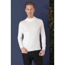 Efor Slim Fit Ribanalı Düz Ekru Yünlü Yarım Balılçı Triko Kazak TR 863
