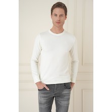 Efor Slim Fit Ribanalı Düz Ekru Yünlü Bisiklet Yaka Triko Kazak Tr 900