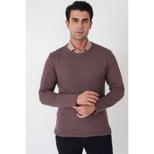 Efor Slim Fit Ribanalı Düz Sütlü Kahve Yünlü Bisiklet Yaka Triko Kazak Tr 900