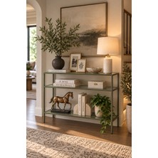 Teknor Yeşil Metal Üç Katlı Şeffaf Cam 100CM Dresuar Modern Salon ve Antre Konsolu