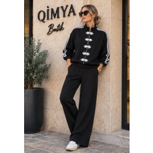Qimya Butik Şans Life Kadın Pantolonlu Çin Düğmeli Fermuarlı Şeritli Ceketli Alt Üst Ikili Takım