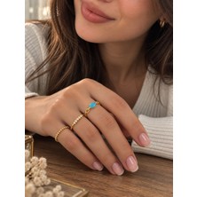 Ayen Accessories Çelik Kadın Yüzük 3’lü Set 17 mm Turkuaz Taşlı Zincir Detaylı Gold Yüzük