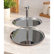 Sunvera Çelik 2 Katlı Yuvarlak Servis Standı 20-16 cm Paslanmaz Kararmaz Çelik Katlı Sunumluk Ikramlık Pasta Kurabiye Çerez Servisi
