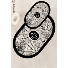 Noble Halı Dijital Baskı Siyah Beyaz Floral Desenli  Banyo Halısı Ikili Banyo Paspası (40CMX60CM)VE(60CMX100CM)