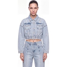 Machinist Kadın Crop Oversize Yıpratmalı Jean Ceket Mavi