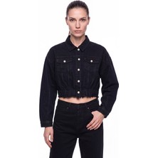 Machinist Kadın Crop Oversize Yıpratmalı Jean Ceket Siyah