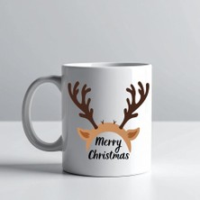 Bin1çeşit Merry Christmas Geyik Boynuzu Tasarımlı Kupa Model 235 Yılbaşı Temalı Seramik Kahve Kupası