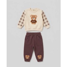 Popolin 2'li Erkek Bebek Bear Nakışlı Pamuklu 3 Ip Şardonlu Bebek Takım 6-9-9-12 12-18-24 Ay Alt Üst 2'li Yenidoğan Bebek Takımı Kışlık Takım