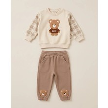 Popolin 2'li Erkek Bebek Bear Nakışlı Pamuklu 3 Ip Şardonlu Bebek Takım 6-9-9-12 12-18-24 Ay Alt Üst 2'li Yenidoğan Bebek Takımı Kışlık Takım