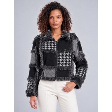 Bold & Young Kadın Siyah Gri Patchwork Desenli Yün Karışımlı Fermuarlı Ceket