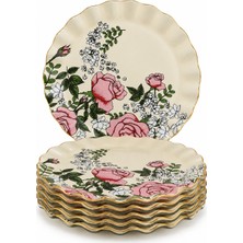 Sudedi Home 6’lı 26 cm Cam Servis Tabağı Seti, Gerçek Altın Yaldızlı Kenarlı, Pembe Gül Desenli Dalgalı Pasta ve Tatlı Sunum Tabağı