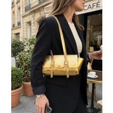 Çantella Parlak Gold Mini Omuz Çantası Yumuşak Deri Görünümlü Fermuarlı Kadın El ve Kol Çantası