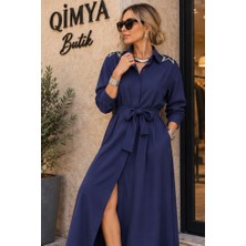 Qimya Butik Buketli Kadın Oversize Kuşak Ayarlı Omzu Yıldız Taşlı Uzun Kollu Uzun Gömlek Elbise