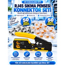 RJ45 Sıkma Pensesi Cat5 Cat6 Cat7 | 50 Adet Konnektör + 50 Adet Kover Seti, Kesme ve Soyma Özellikli Ağ Kablo Pensesi