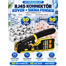 RJ45 Sıkma Pensesi Seti | 50 Adet Konnektör + 50 Adet Kover | Cat5 Cat6 Cat7 Ağ Kablosu Kesme, Soyma ve Sıkma Pensesi