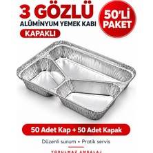 Yorulmaz Ambalaj 3 Gözlü Kapaklı Alüminyum Yemek Kabı 50’li – Bölmeli Tabldot ve Paket Servis Kabı