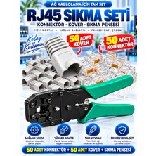 RJ45 Sıkma Pensesi Cat5 Cat6 Cat7 | 50 Adet Konnektör + 50 Adet Kover Seti | Profesyonel Ağ Kablosu Sıkma, Kesme ve Montaj Pensesi