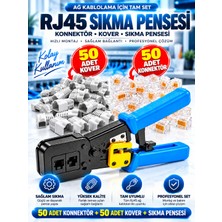 RJ45 Sıkma Pensesi Cat5 Cat6 Cat7 | 50 Adet Konnektör + 50 Adet Kover | Profesyonel Ağ Kablosu Sıkma, Kesme ve Soyma Seti