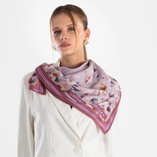 Lila Renkli Çiçek Desenli Twill Ipek Eşarp