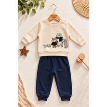 Dinamik çocuk Erkek Bebek Tilki Ayı Kirpi Baskılı Peluş Detaylı Sweatshirt Eşofman 2'li Takım 3-6-9-12AY