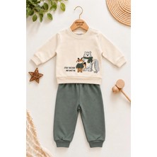 Dinamik çocuk Erkek Bebek Tilki Ayı Kirpi Baskılı Peluş Detaylı Sweatshirt Eşofman 2'li Takım 3-6-9-12AY