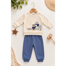 Dinamik çocuk Erkek Bebek Tilki Ayı Kirpi Baskılı Peluş Detaylı Sweatshirt Eşofman 2'li Takım 3-6-9-12AY