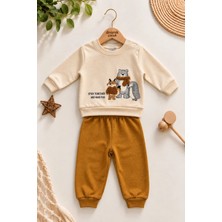 Dinamik çocuk Erkek Bebek Tilki Ayı Kirpi Baskılı Peluş Detaylı Sweatshirt Eşofman 2'li Takım 3-6-9-12AY