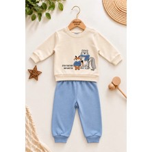 Dinamik çocuk Erkek Bebek Tilki Ayı Kirpi Baskılı Peluş Detaylı Sweatshirt Eşofman 2'li Takım 3-6-9-12AY