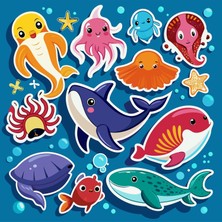 Tr Ocean Friends Sevimli Deniz Canlıları Çocuk Odası Duvar Çıkartmaları, Renkli Deniz Hayvanl