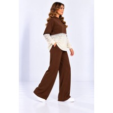 Kadın Dantel Detaylı Yarım Balıkçı Yaka Kazak ve Bol Paça Pantolon Triko Ikili Takım