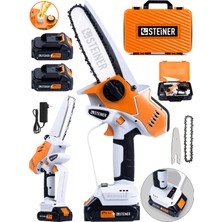 Steiner 21V Kömürsüz Motor Metal Dişli Otomatik Yağlamalı Çift Akülü Şarjlı Ağaç Odun Dal Budama El Testeresi Turuncu