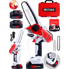 Steiner 21V Kömürsüz Motor Metal Dişli Çift Akülü Şarjlı Ağaç Odun Dal Budama El Testeresi Kırmızı