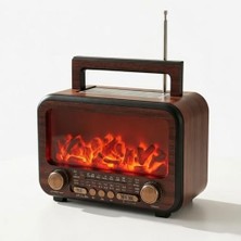 Ertürk Store Nostaljik Şömineli Radyo Bluetooth USB Type C Aux Solar Panelli Şarjlı Ses Bombası Hoparlör